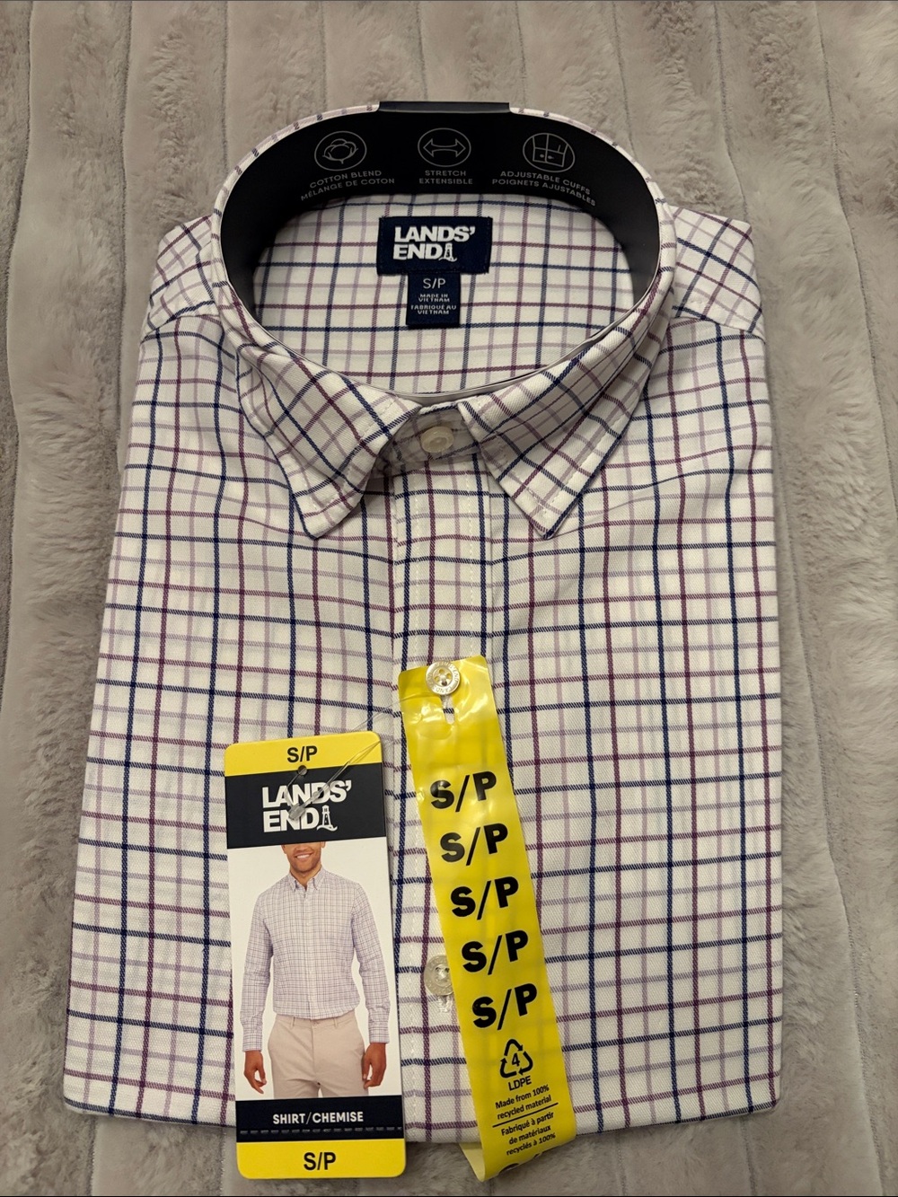 Lands' End Men's White Plaid Button-Down Shirt with Navy and Purple Checks